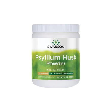 A white plastic container of Swanson Psyllium Husk Powder - Fine Milled & Unflavored 340 g, rich in fibre and labeled for digestive health.